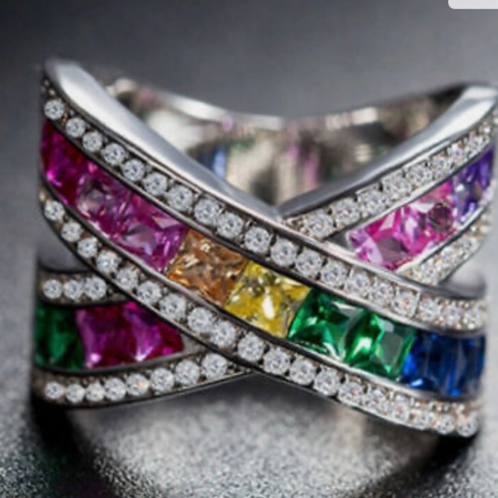 Multi-color Gemstones- Cubic Zirconia 925 Silver Ring - Picture 6 of 6